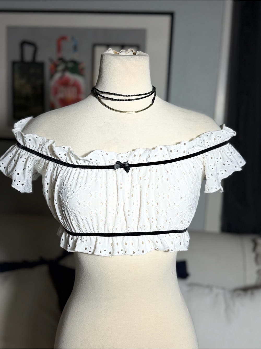 Fashion Nova White Eyelet Off-Shoulder Crop Top with Black Trim